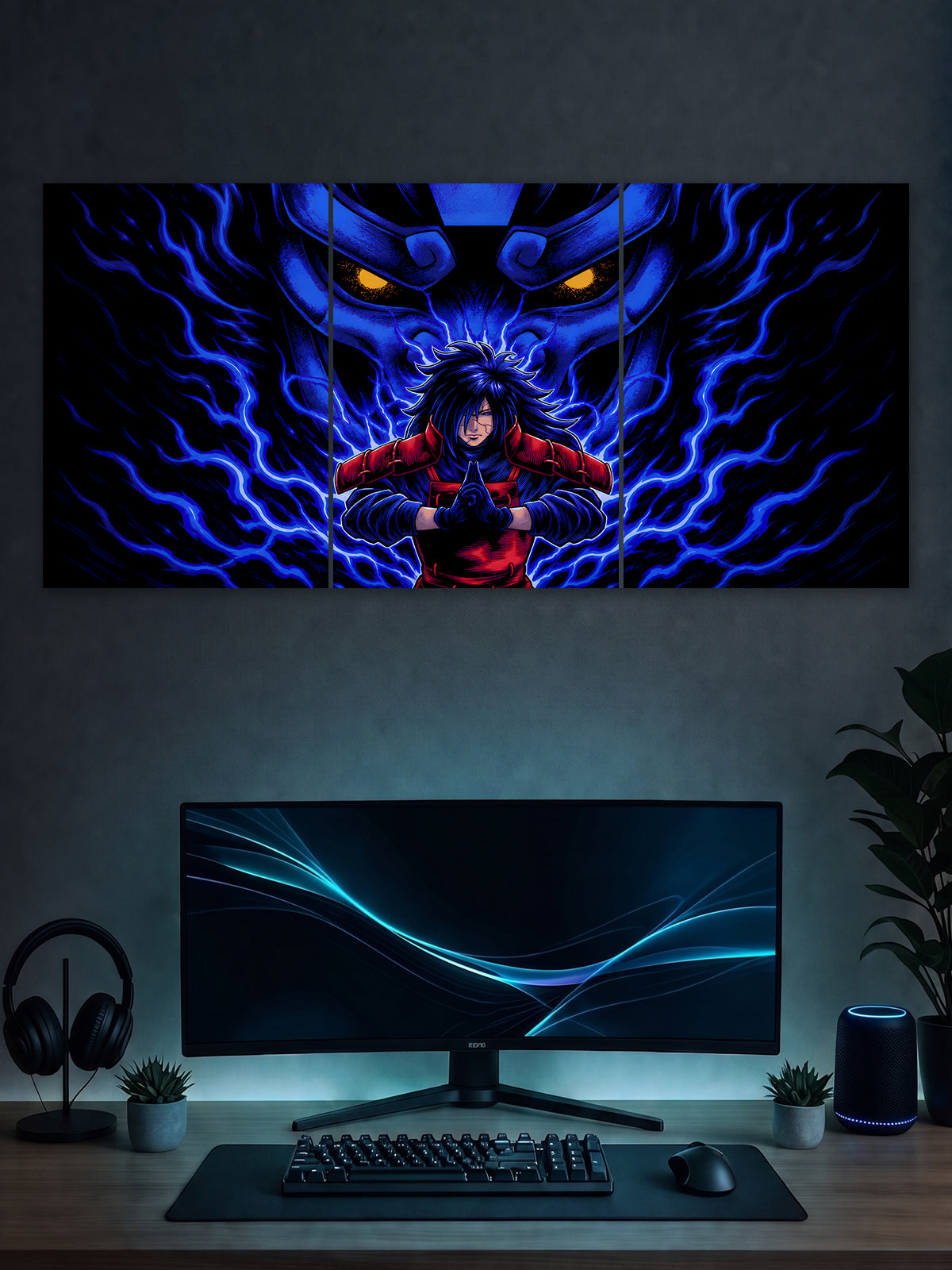 SHDW.STICK Madara Uchiha Anime Split Poster – Naruto Blue Energy Wall Art
