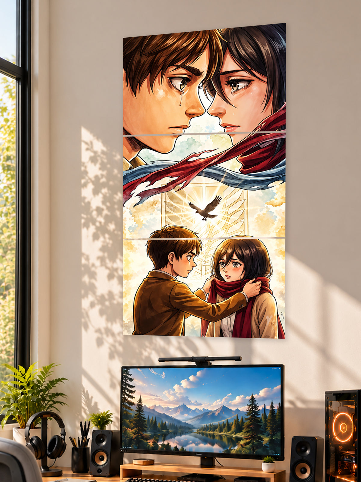 Eren and Mikasa Promise Split Poster displayed as anime wall art by SHDW.STICK