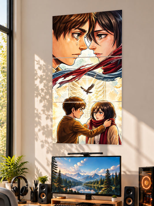 Eren and Mikasa Promise Split Poster displayed as anime wall art by SHDW.STICK