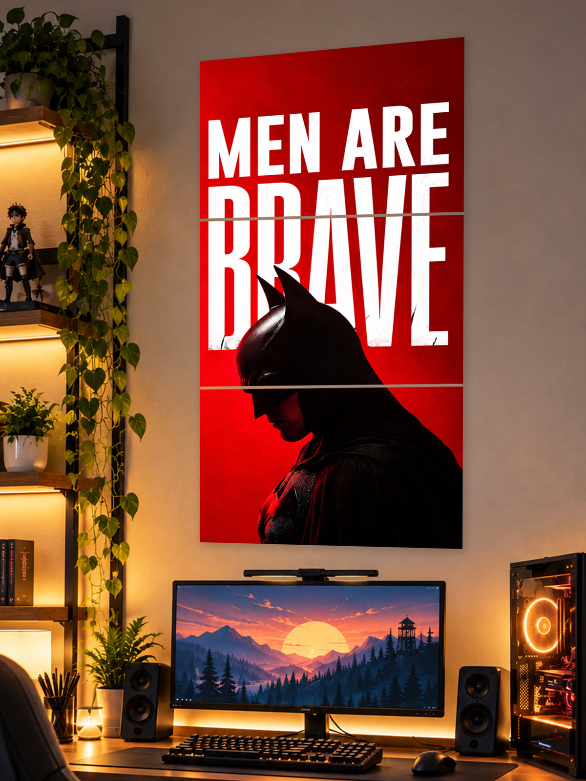 Batman Men Are Brave split poster with bold red and white superhero artwork