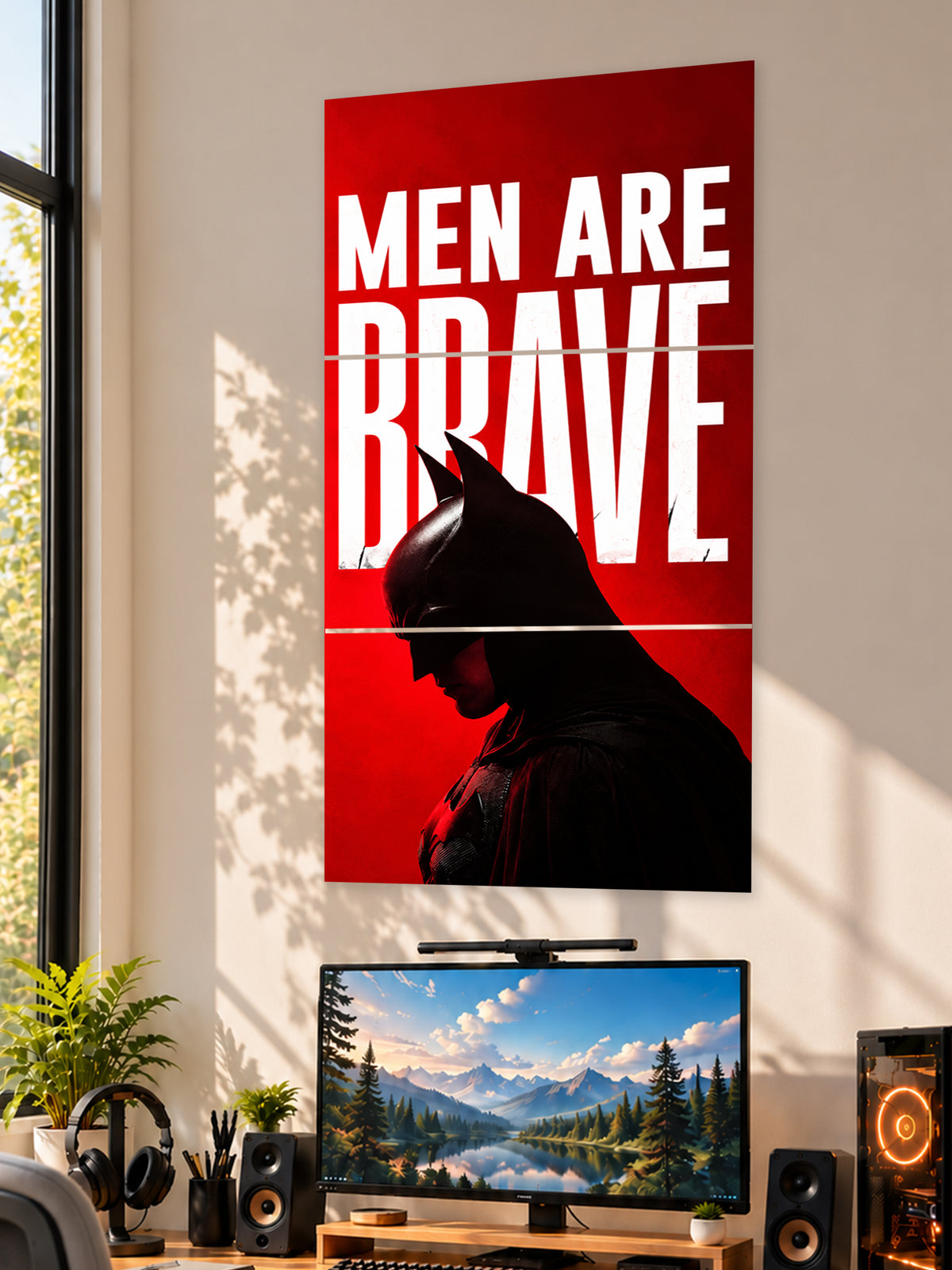 Batman Men Are Brave split poster with bold red and white superhero artwork