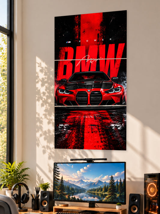 BMW M4 Power split poster with bold red and black sports car artwork
