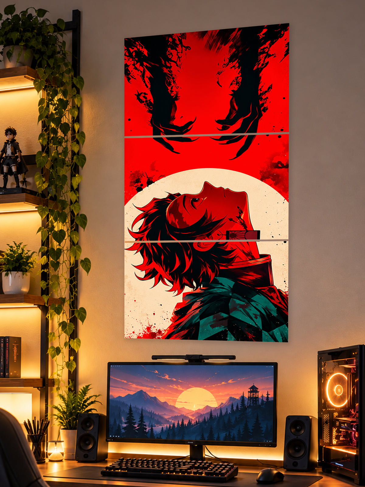 Tanjiro Kamado split poster featuring red and black Demon Slayer-inspired anime artwork displayed above a gaming setup