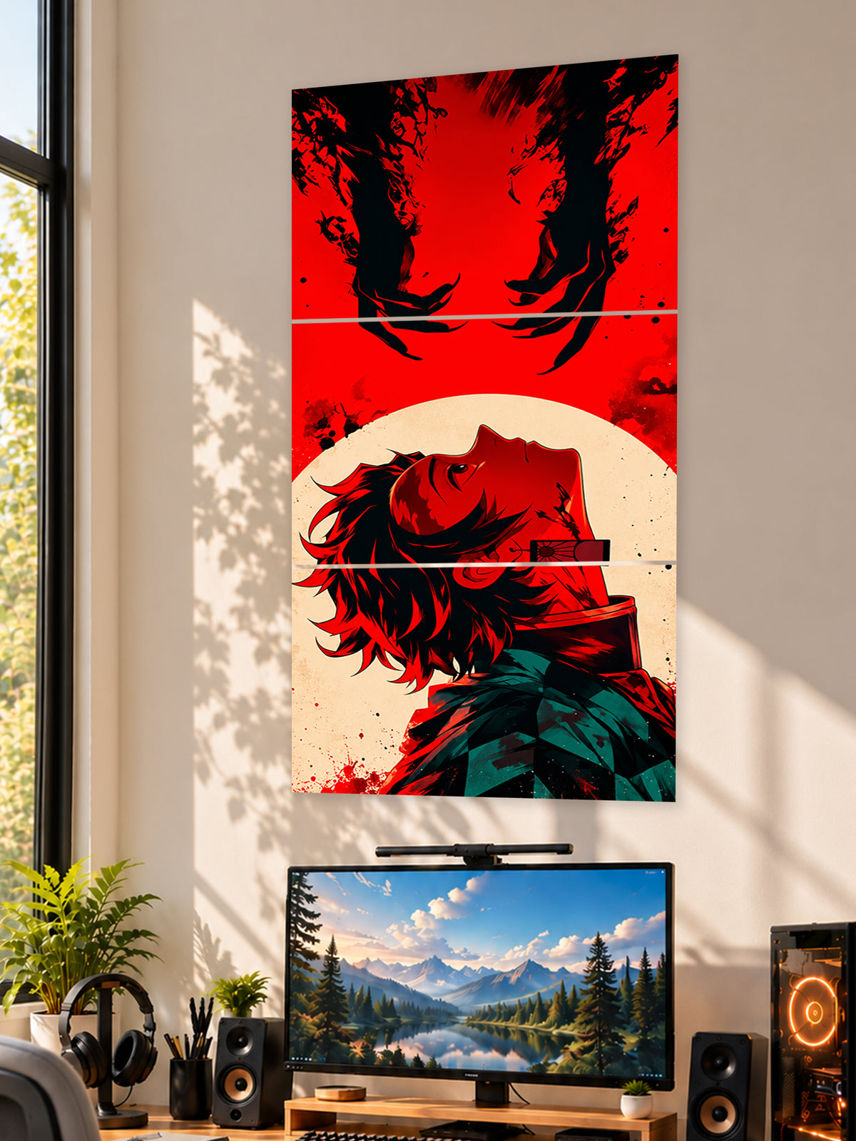 Tanjiro Kamado split poster featuring red and black Demon Slayer-inspired anime artwork displayed above a gaming setup