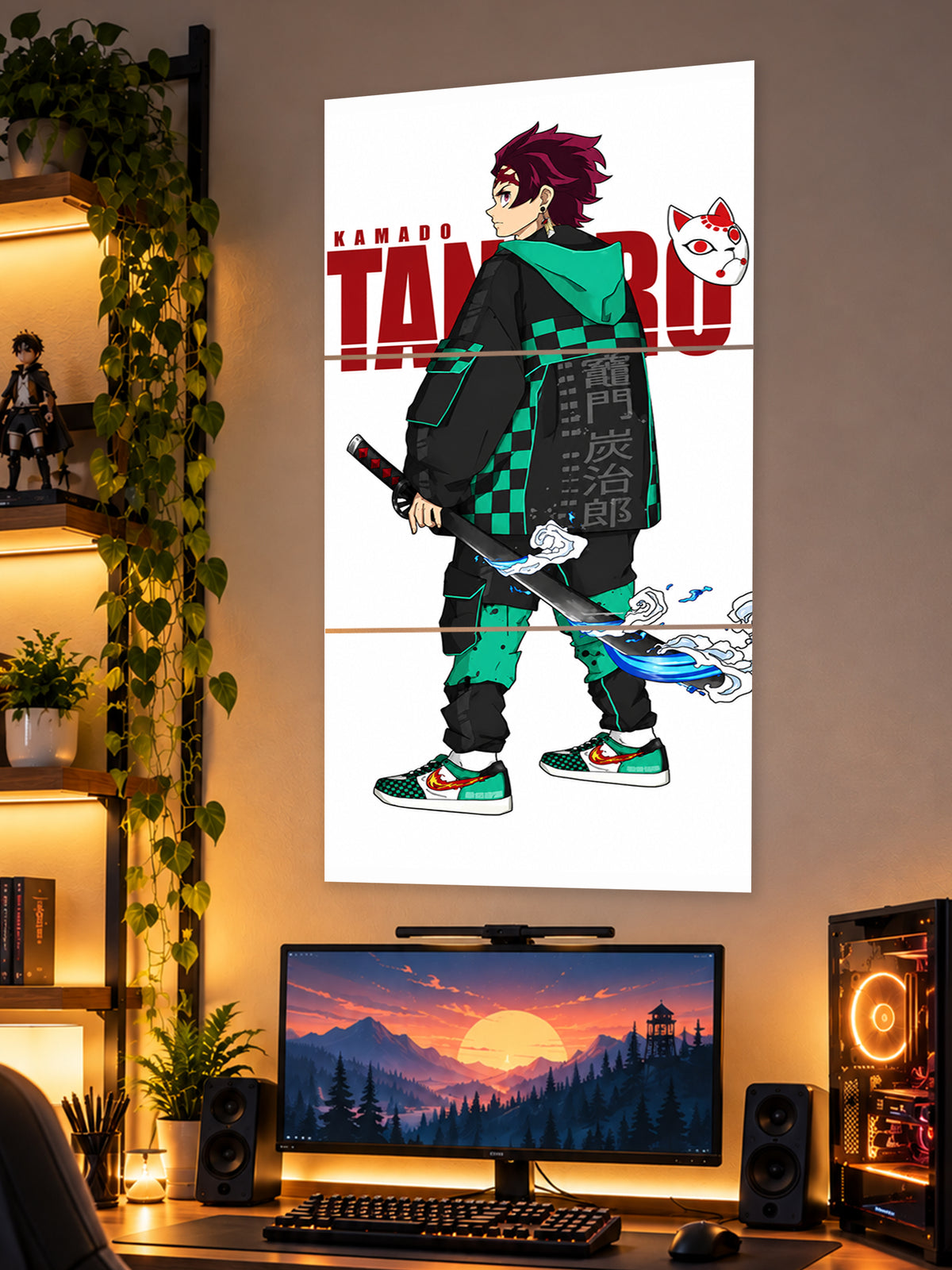 Tanjiro Kamado split poster featuring his green and black checkered outfit, displayed above a gaming setup