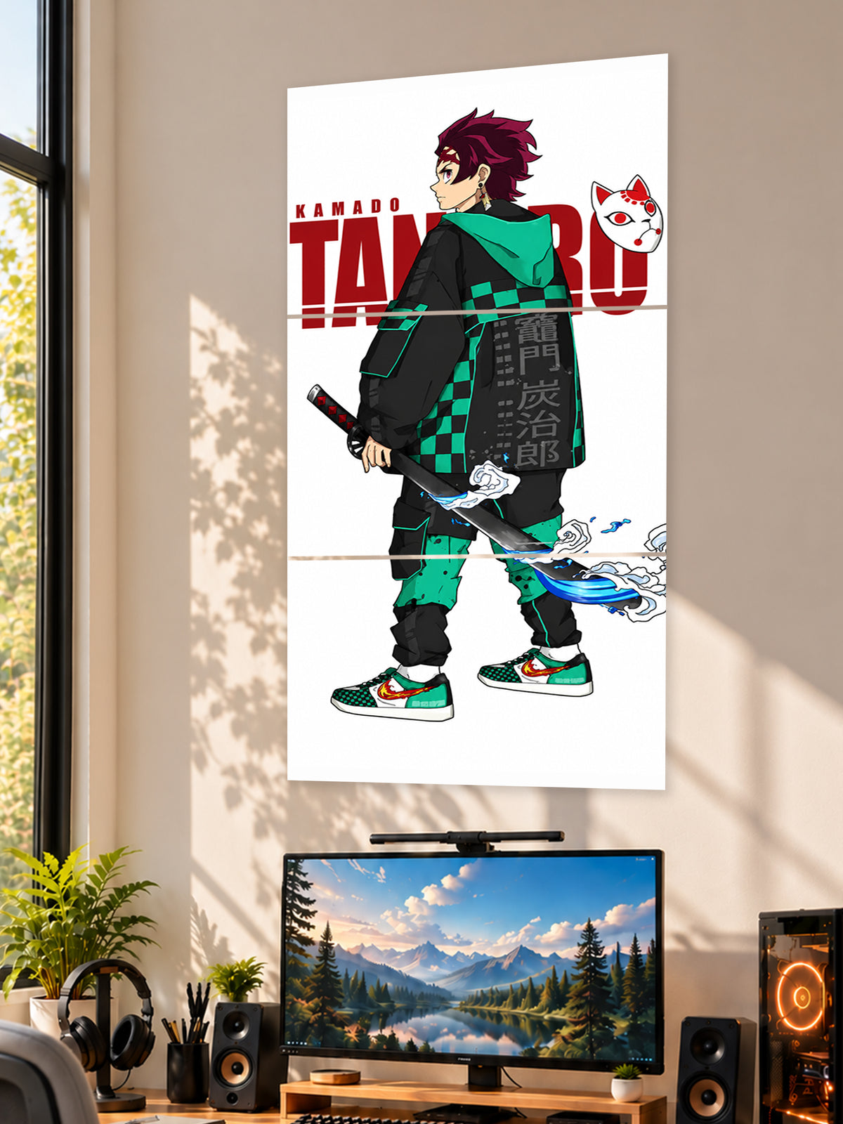 Tanjiro Kamado split poster featuring his green and black checkered outfit, displayed above a gaming setup